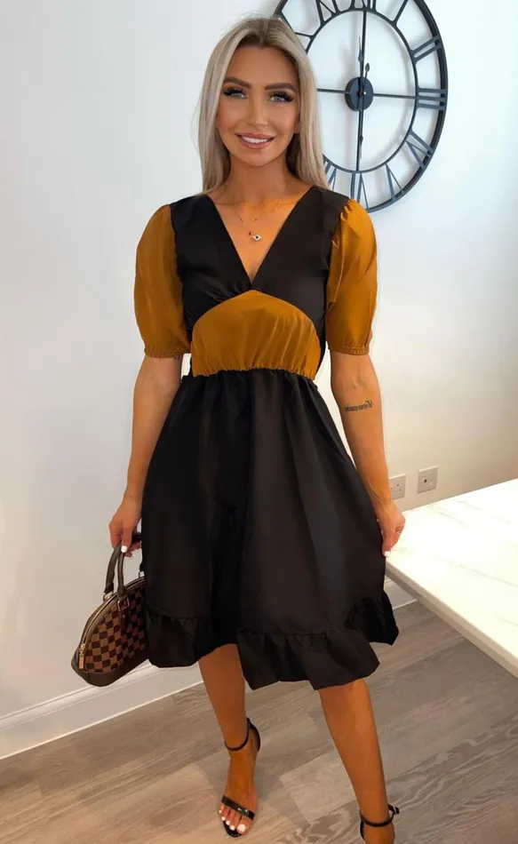 Aliya Black and Rust Colour Block Short Sleeve Shift Dress Women Missfiga Skater Dresses