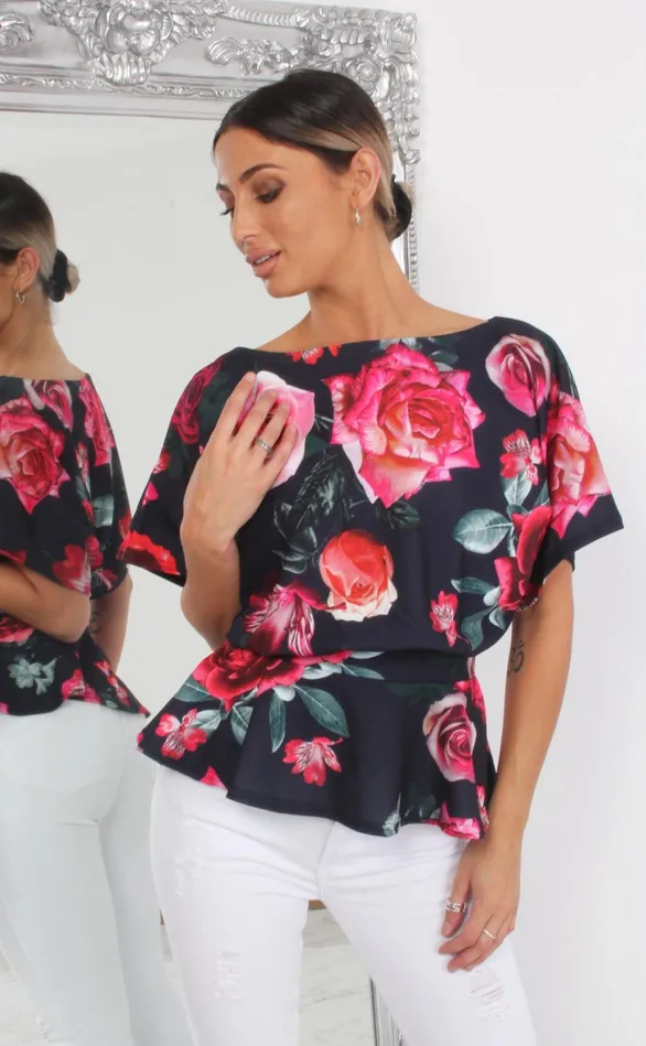 Alyssa Navy Floral Batwing Peplum Top Women Missfiga Tops