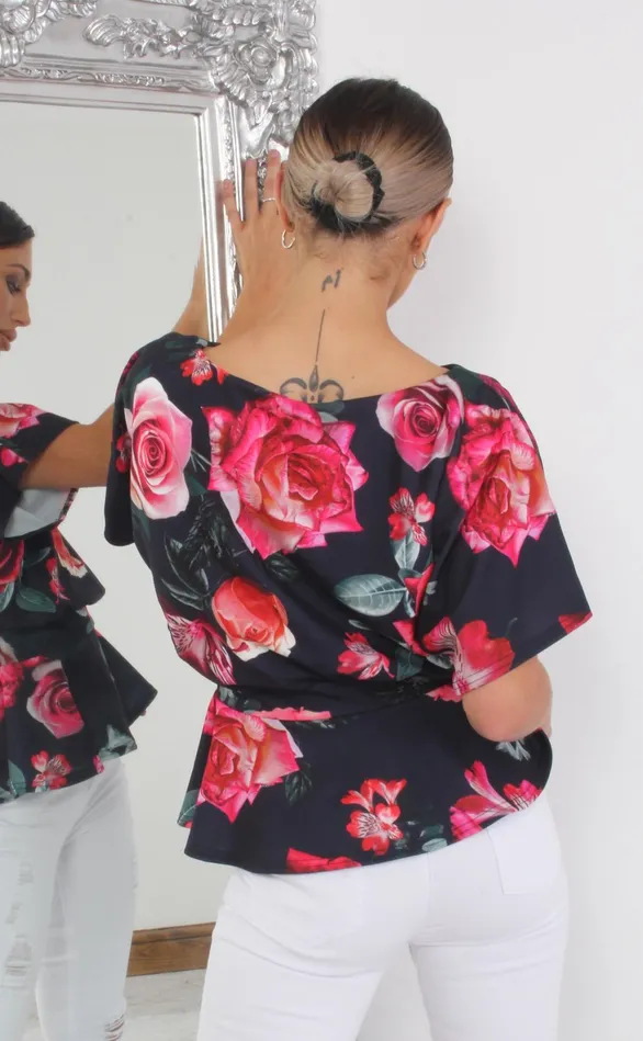 Alyssa Navy Floral Batwing Peplum Top Women Missfiga Tops
