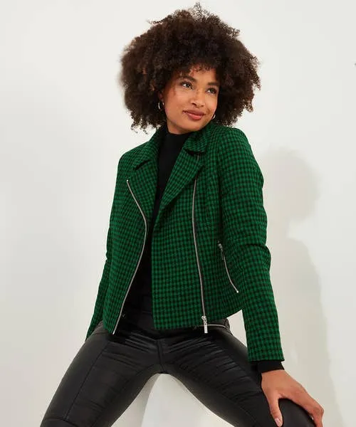 Apparel Coats and Jackets Joebrowns Meg Dogstooth Biker Jacket Green
