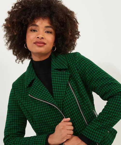 Apparel Coats and Jackets Joebrowns Meg Dogstooth Biker Jacket Green