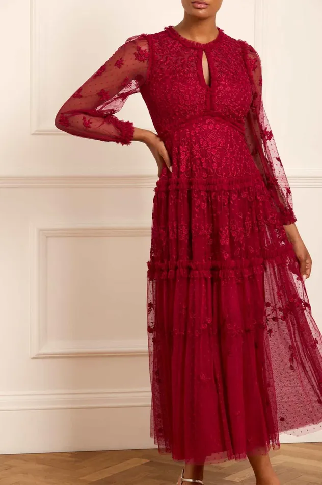 Autumn Lace Long Sleeve Ankle Gown Red Women Needle and Thread Dresses