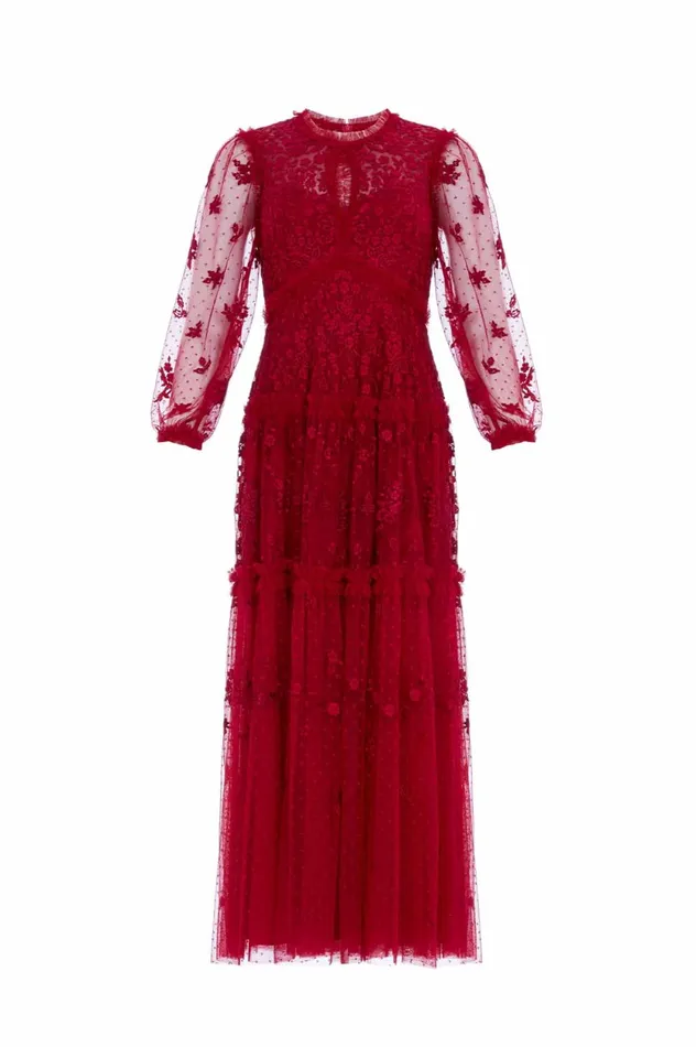 Autumn Lace Long Sleeve Ankle Gown Red Women Needle and Thread Dresses