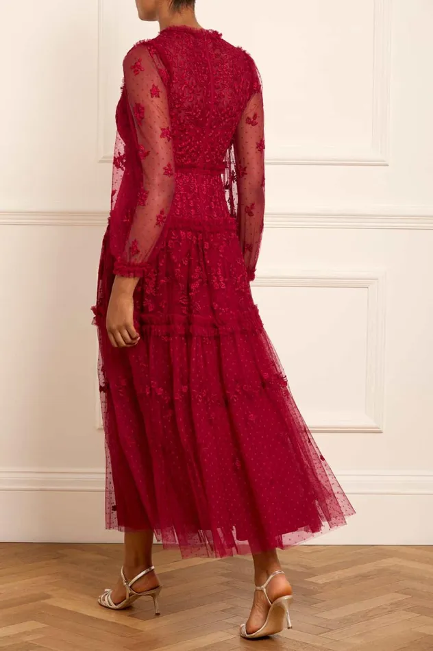 Autumn Lace Long Sleeve Ankle Gown Red Women Needle and Thread Dresses