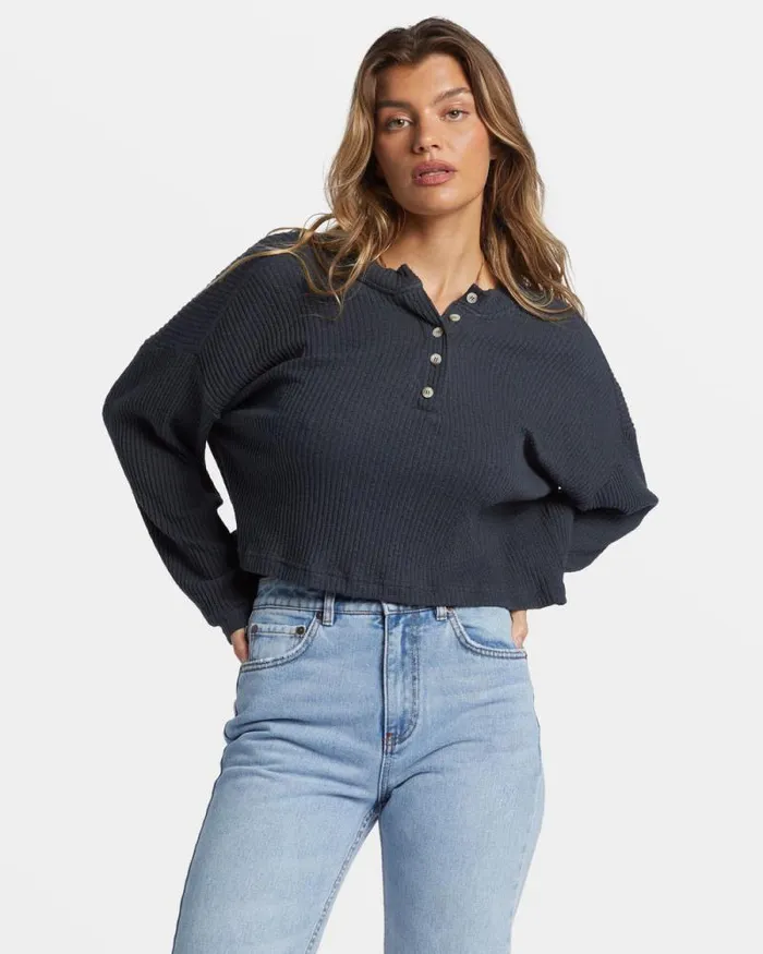 Billabong Tops Good Catch Henley Tshirt Black Sands 8211 Women