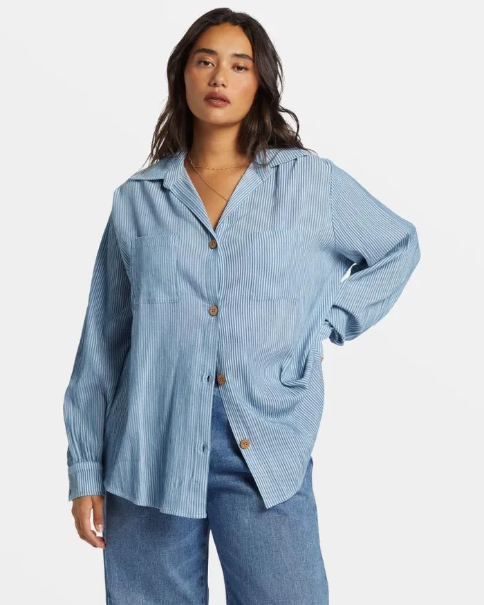 Billabong Tops Swell Oversized Long Sleeve Shirt Blue Shadow 8211 Women