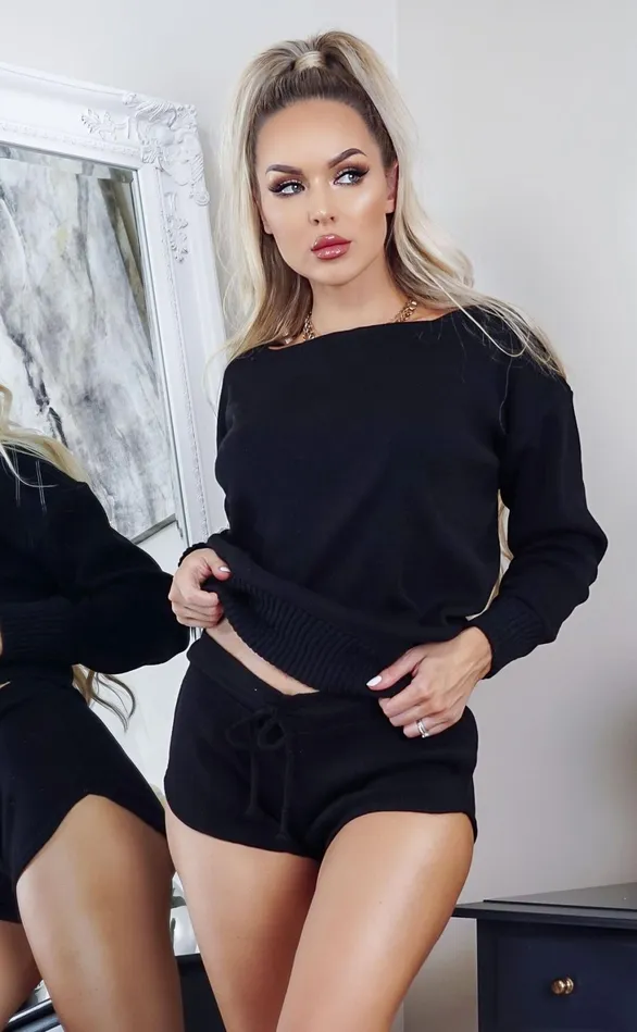 Black Marl Chunky Knit CoOrd Lounge Set Women Missfiga LoungewearTracksuits