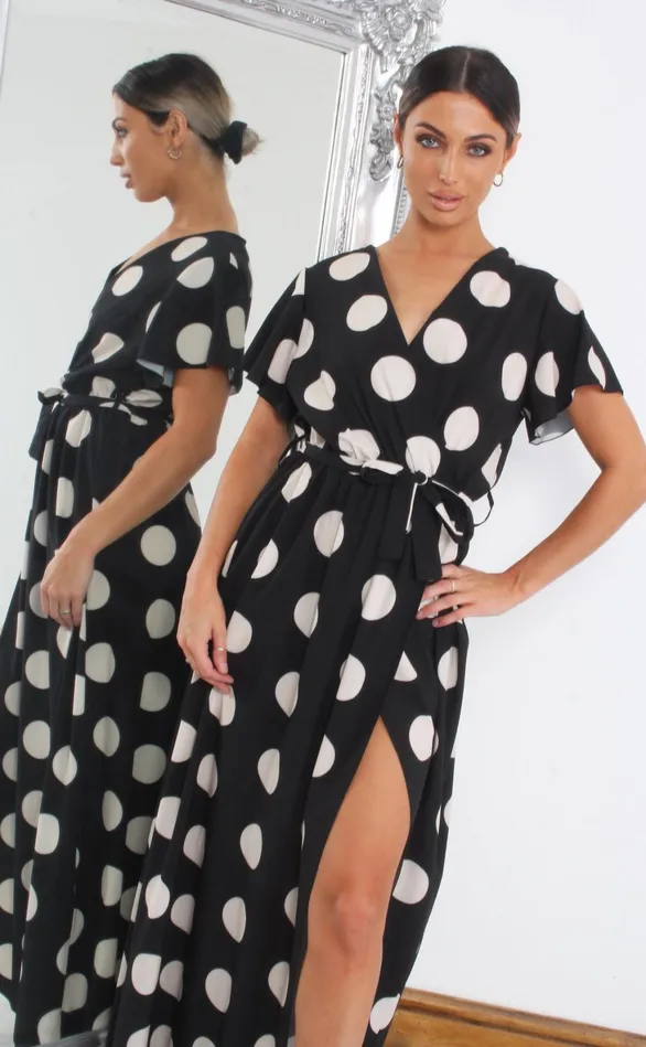 Black Polka Dot Wrap Slit Maxi Dress Women Missfiga Wrap Dresses