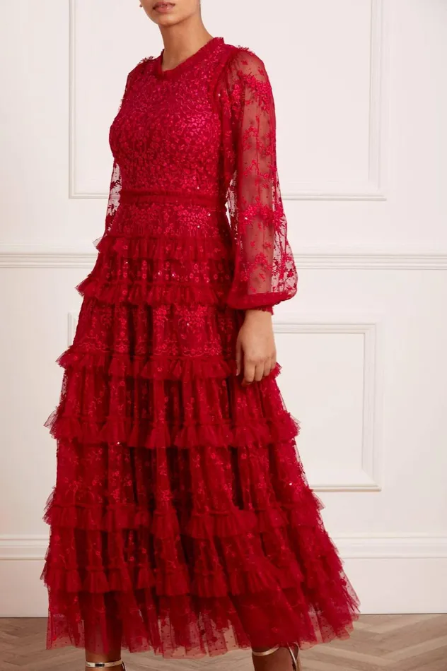 Blossom Lace Ankle Gown Red Women Needle and Thread Dresses