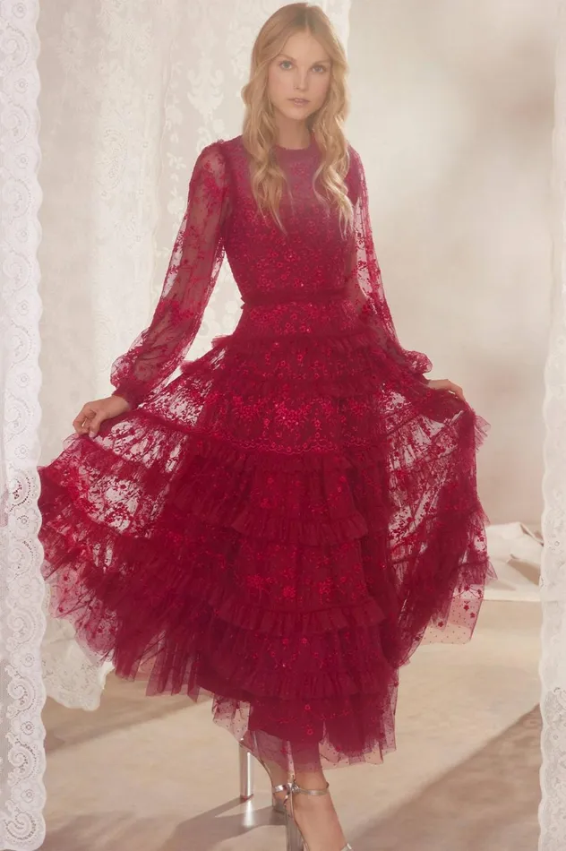 Blossom Lace Ankle Gown Red Women Needle and Thread Dresses