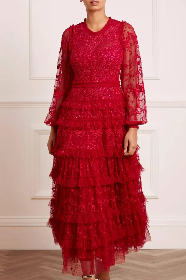 Blossom Lace Ankle Gown Red Women Needle and Thread Dresses