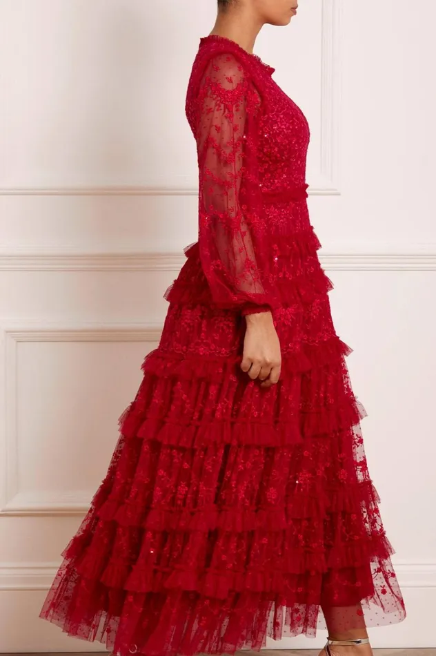 Blossom Lace Ankle Gown Red Women Needle and Thread Dresses