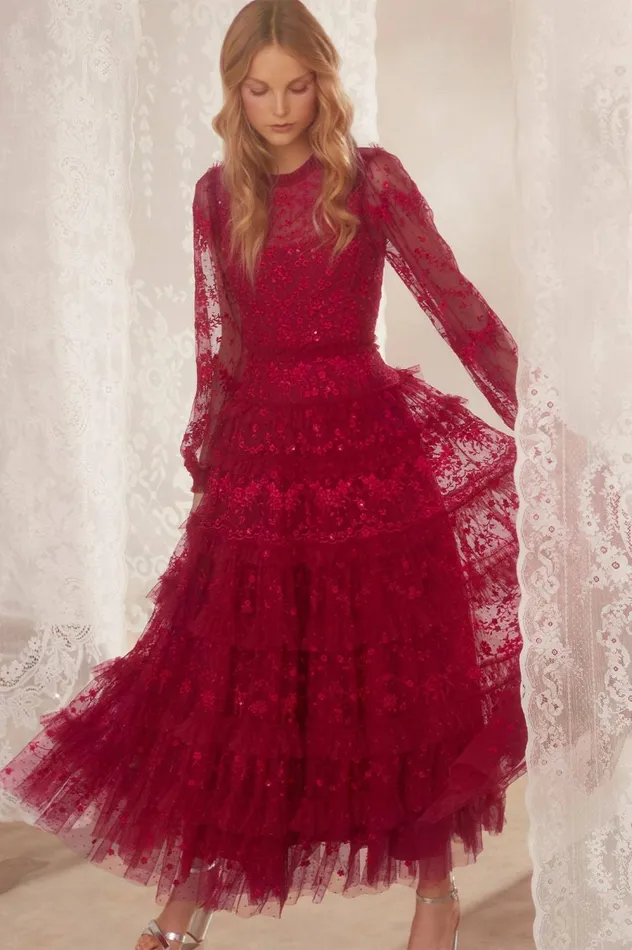 Blossom Lace Ankle Gown Red Women Needle and Thread Dresses