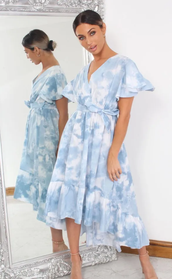 Blue Tie Dye Wrap Dipped Hem Ruffle Skater Dress Women Missfiga Wrap Dresses
