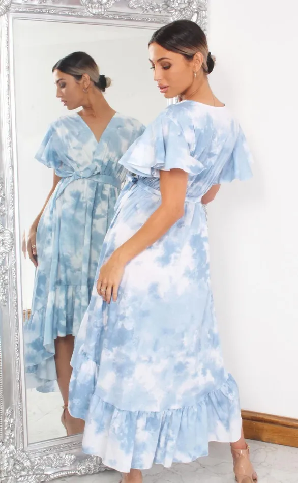 Blue Tie Dye Wrap Dipped Hem Ruffle Skater Dress Women Missfiga Wrap Dresses