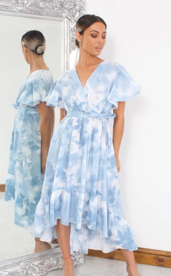 Blue Tie Dye Wrap Dipped Hem Ruffle Skater Dress Women Missfiga Wrap Dresses