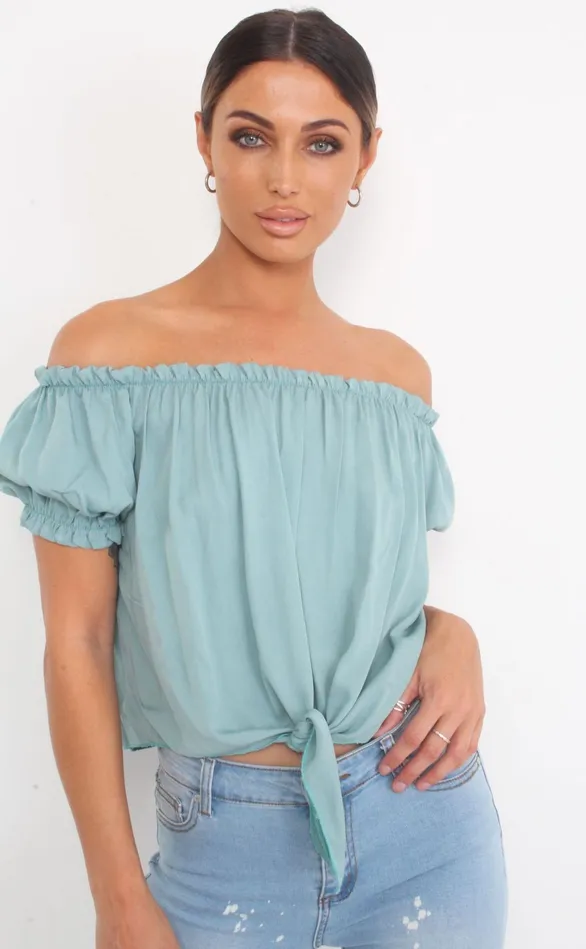 Chai Mint Bardot Tie Detail Top Women Missfiga Tops