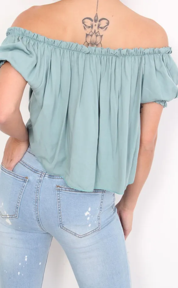 Chai Mint Bardot Tie Detail Top Women Missfiga Tops