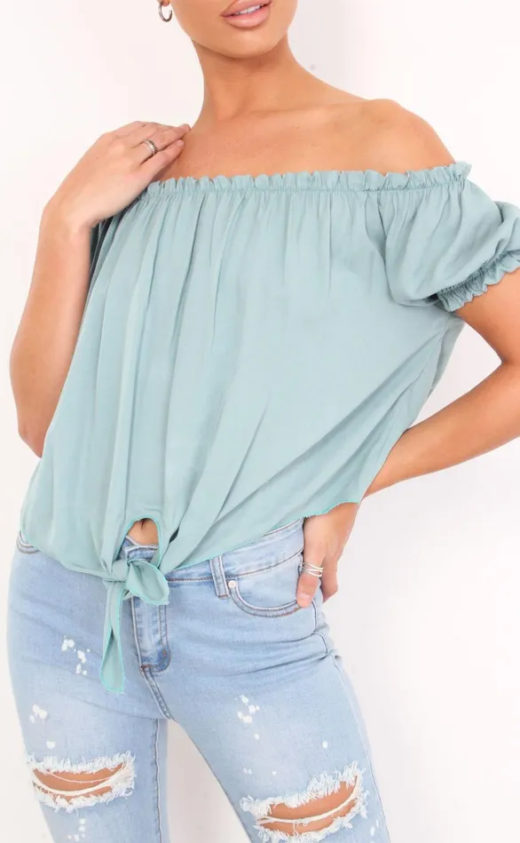 Chai Mint Bardot Tie Detail Top Women Missfiga Tops