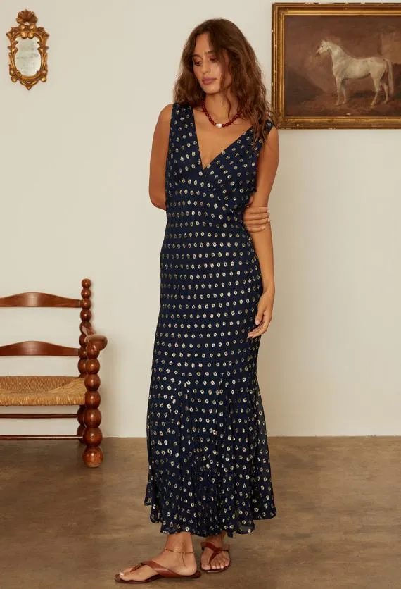 Ciao Lucia Long Dresses Clarette Georgette Navy Slip Dress With Gold Metallic Dots 8211 Women