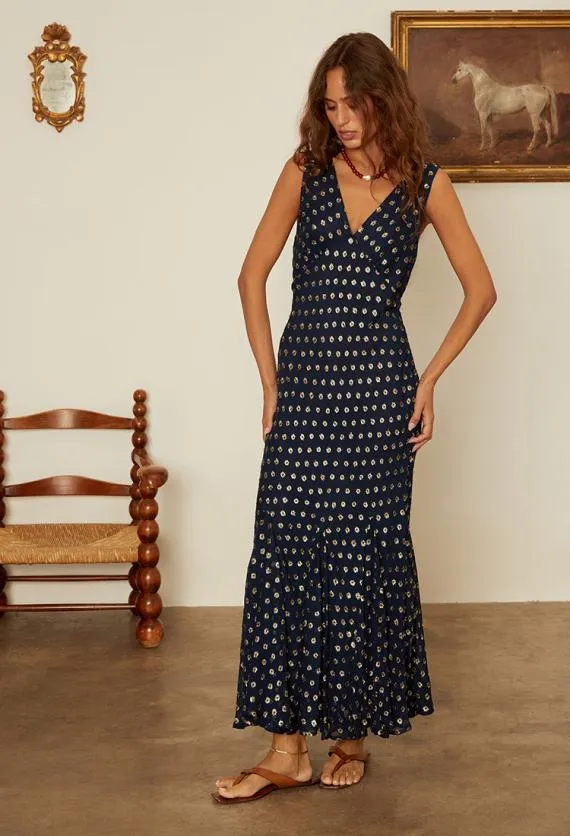 Ciao Lucia Long Dresses Clarette Georgette Navy Slip Dress With Gold Metallic Dots 8211 Women