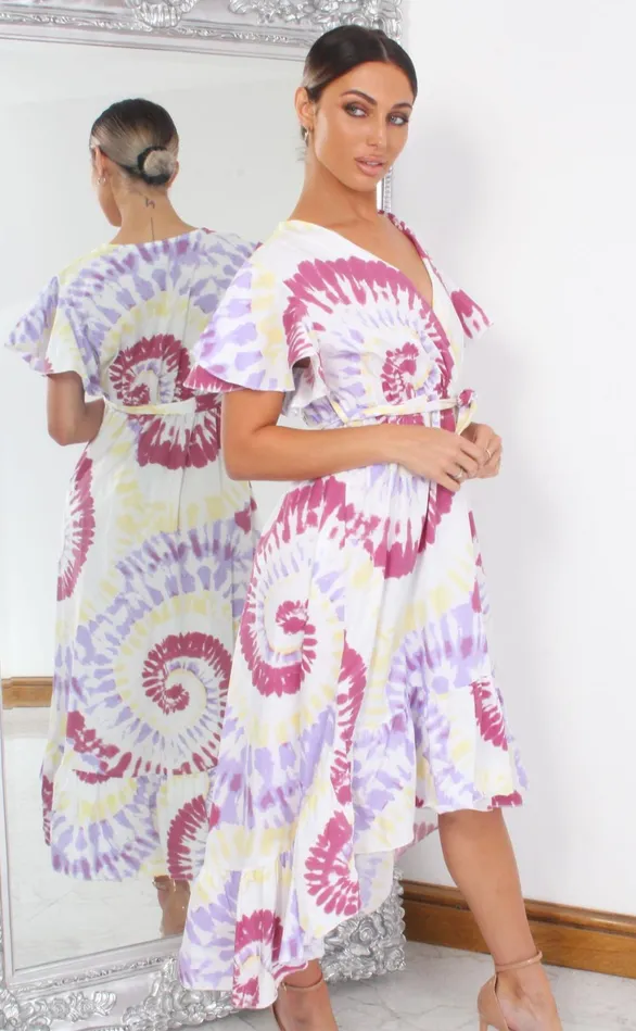 Clara Pink Tie Dye Wrap Dipped Hem Ruffle Skater Dress Women Missfiga Wrap Dresses