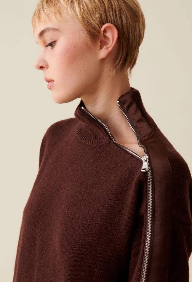 Claudie Pierlot Brown ZipUp High Neck Jumper Chocolate Women Knitwear And Cardigans