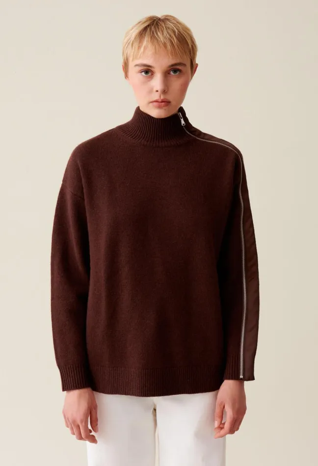 Claudie Pierlot Brown ZipUp High Neck Jumper Chocolate Women Knitwear And Cardigans Claudie Pierlot Brown ZipUp High Neck Jumper Chocolate Women Knitwear And Cardigans