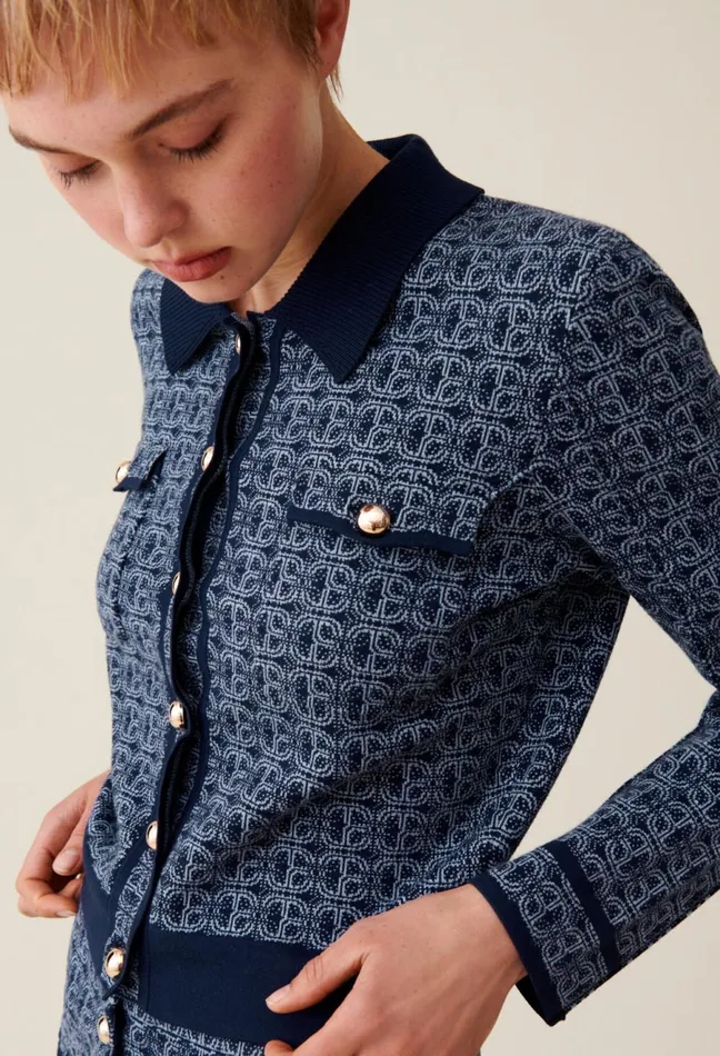 Claudie Pierlot Cp Monogram Cardigan With Collar Navy Women Knitwear And Cardigans