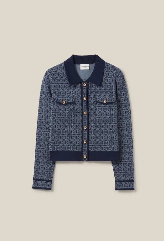 Claudie Pierlot Cp Monogram Cardigan With Collar Navy Women Knitwear And Cardigans