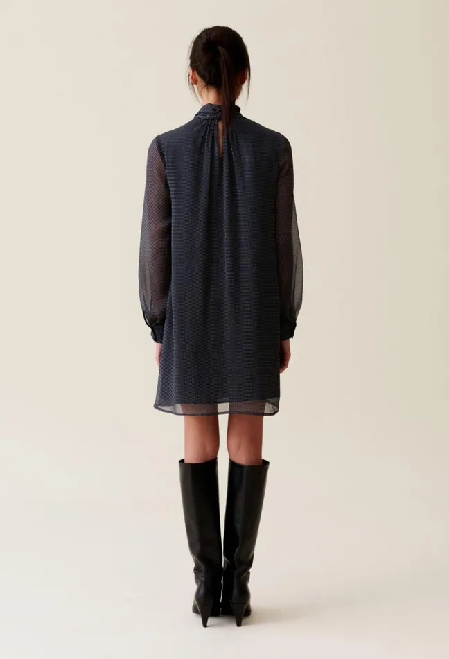 Claudie Pierlot Flowy Dress With Tie Neck Navy Women Dresses Claudie Pierlot Flowy Dress With Tie Neck Navy Women Dresses