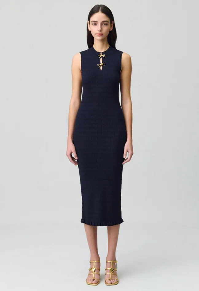 Claudie Pierlot Long Knit Dress With Bows Navy Women Dresses Claudie Pierlot Long Knit Dress With Bows Navy Women Dresses