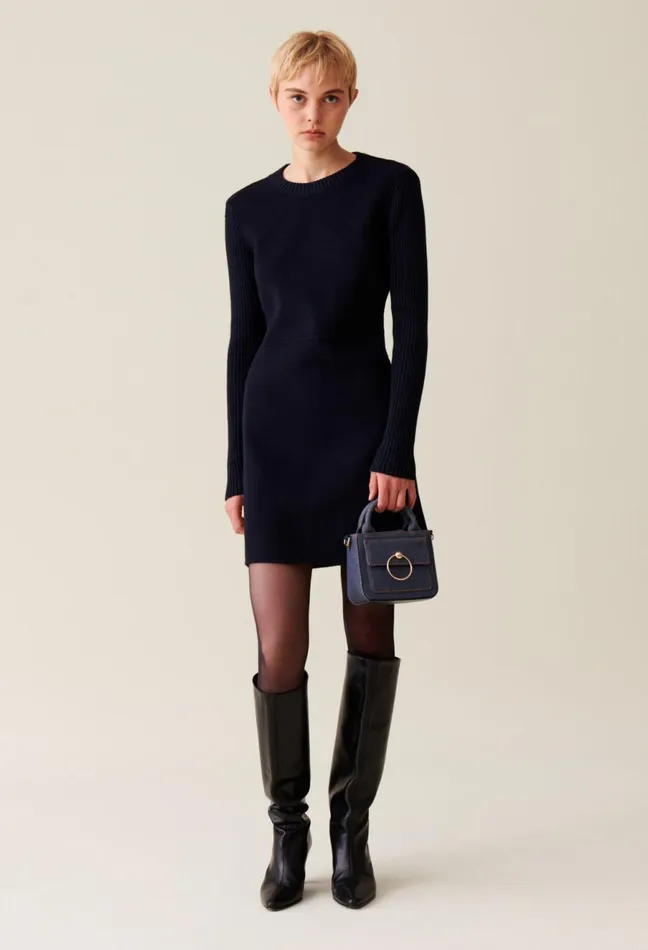 Claudie Pierlot Short Ribbed Back Knit Dress Navy Women Dresses Claudie Pierlot Short Ribbed Back Knit Dress Navy Women Dresses
