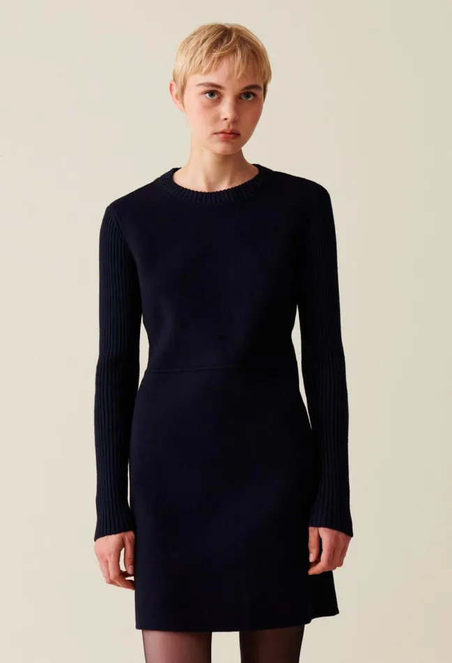 Claudie Pierlot Short Ribbed Back Knit Dress Navy Women Dresses Claudie Pierlot Short Ribbed Back Knit Dress Navy Women Dresses