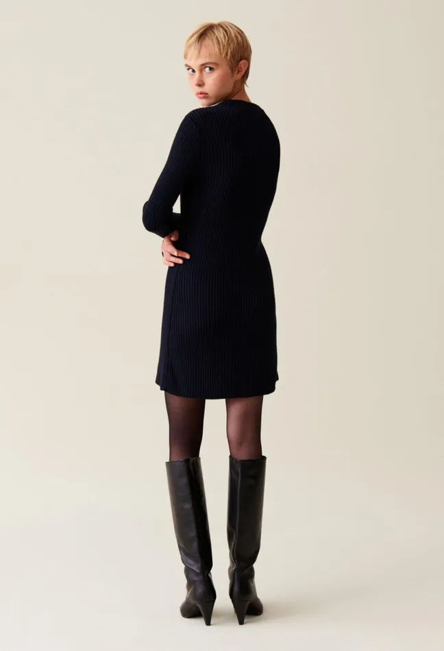 Claudie Pierlot Short Ribbed Back Knit Dress Navy Women Dresses Claudie Pierlot Short Ribbed Back Knit Dress Navy Women Dresses