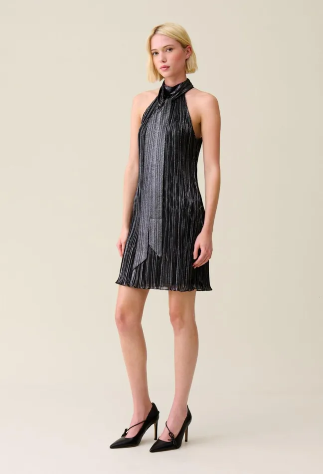 Claudie Pierlot Silver Pleated Mini Dress Black Women Dresses