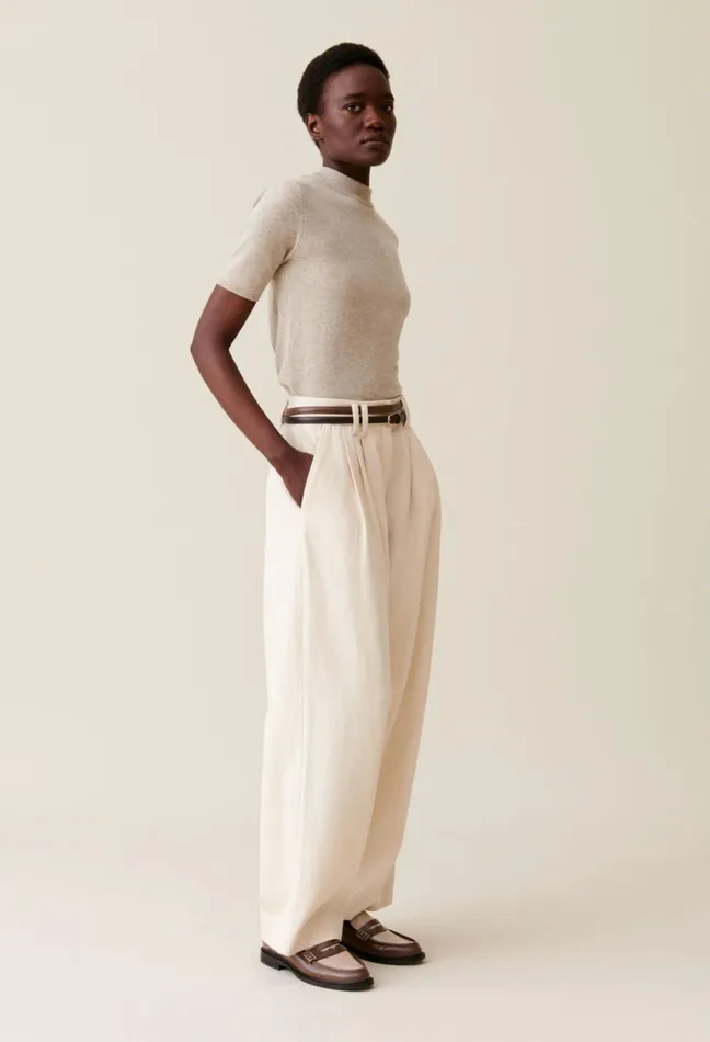 Claudie Pierlot Wide Pleated Denim Trousers Light Beige Women Jeans And Trousers Claudie Pierlot Wide Pleated Denim Trousers Light Beige Women Jeans And Trousers