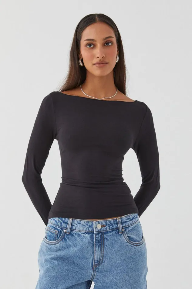 Clothing Supr Long Sleeve Tops Soft Boat Neck Long Sleeve Top Black