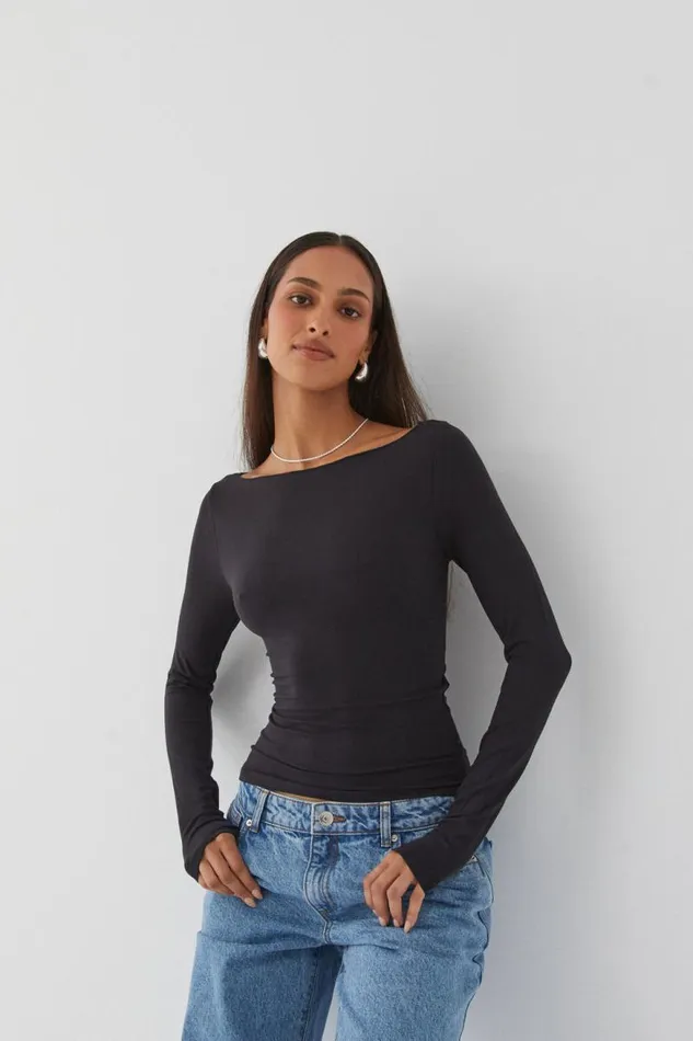 Clothing Supr Long Sleeve Tops Soft Boat Neck Long Sleeve Top Black