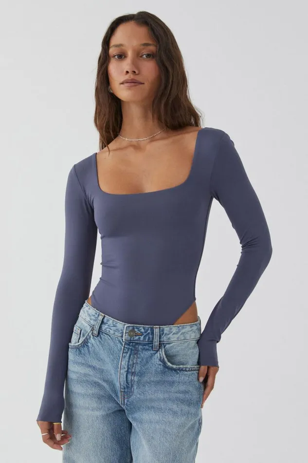 Clothing Supr Luxe Essentials Luxe Square Neck Long Sleeve Bodysuit Weekend Blue