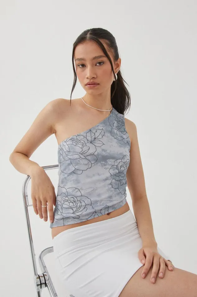 Clothing Supr T Shirts Mesh Graphic One Shoulder Top Greyroses