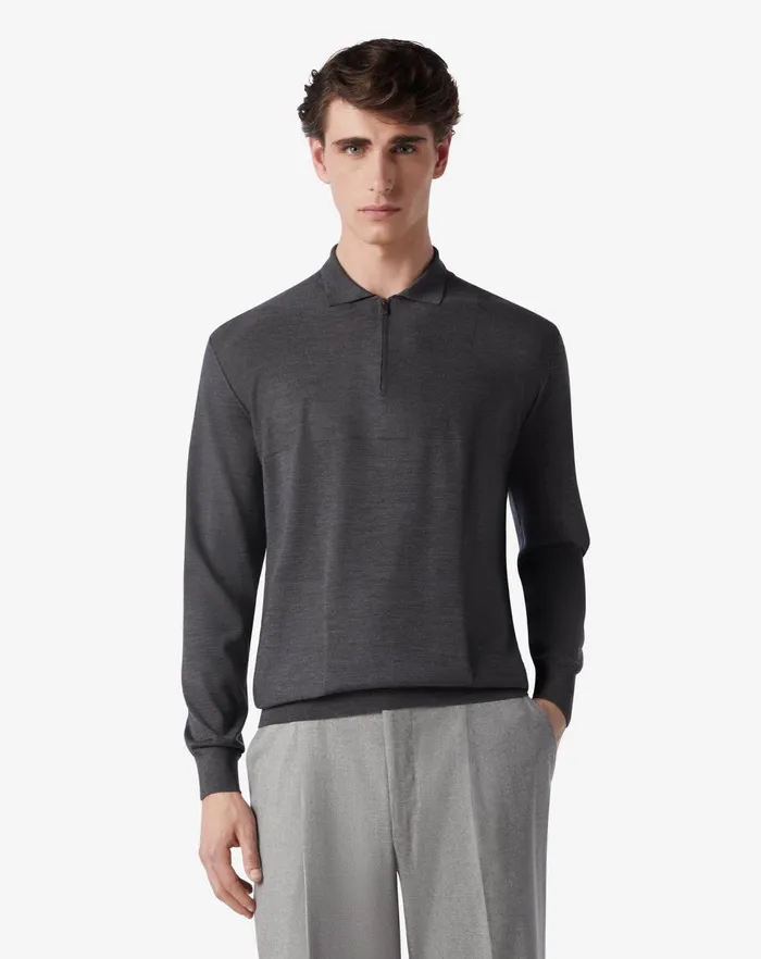 Corneliani Polos and TShirts Dark Grey Extra Fine Merino Wool Zipped Polo Shirt For Men 8211 Men Corneliani Polos and TShirts Dark Grey Extra Fine Merino Wool Zipped Polo Shirt For Men 8211 Men