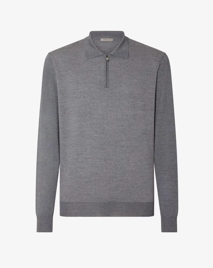 Corneliani Polos and TShirts Grey Shades Extra Fine Jacquard Wool Zipped Polo Shirt For Men 8211 Men Corneliani Polos and TShirts Grey Shades Extra Fine Jacquard Wool Zipped Polo Shirt For Men 8211 Men