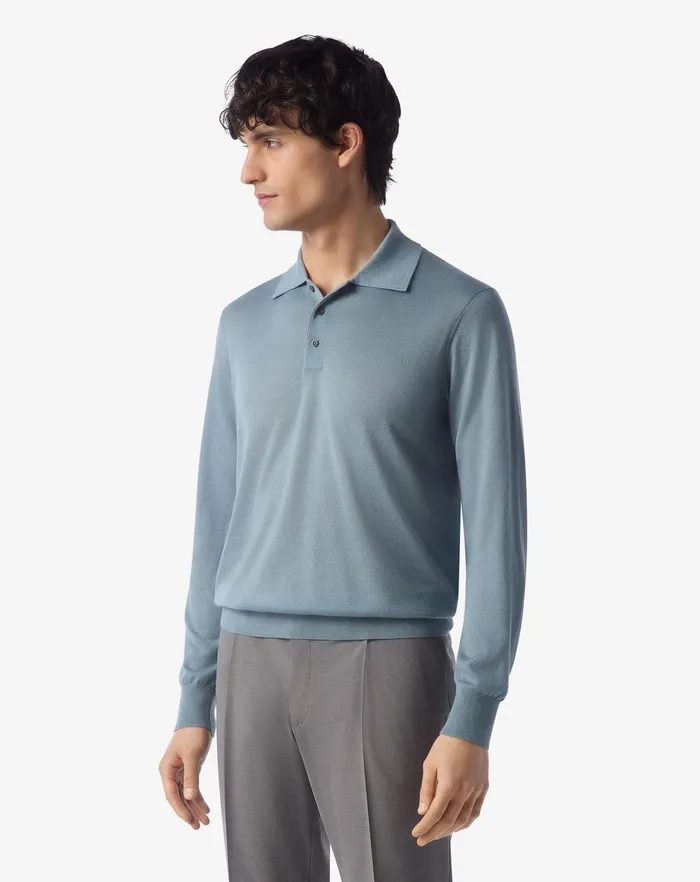 Corneliani Polos and TShirts Light Blue Long Sleeve Cashmere And Silk Polo Shirt 8211 Men