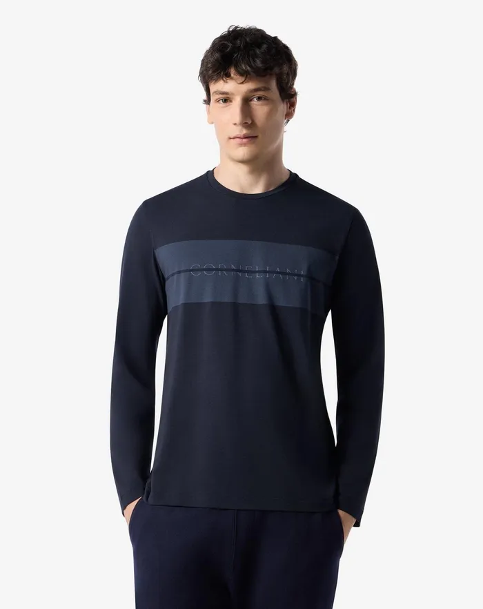 Corneliani Polos and TShirts Navy Blue Stretch Jersey Crew Neck Tshirt For Men 8211 Men