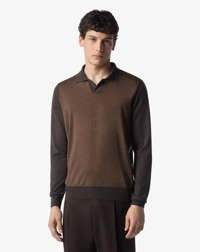 Corneliani Polos and TShirts Tobaccobrown Jacquard Extra Fine Merino Wool Polo Shirt 8211 Men