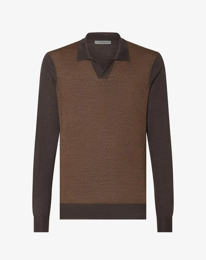 Corneliani Polos and TShirts Tobaccobrown Jacquard Extra Fine Merino Wool Polo Shirt 8211 Men
