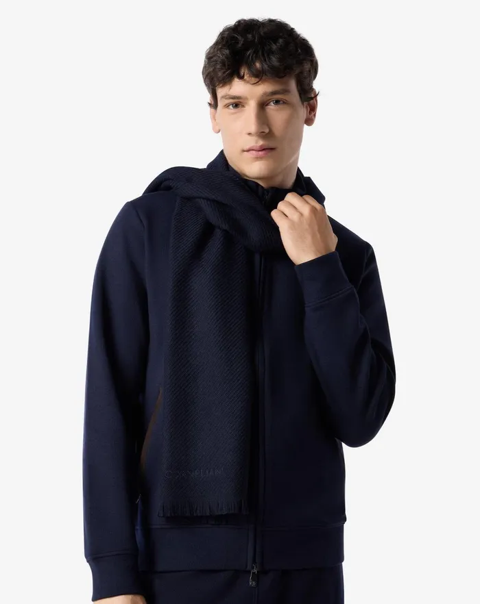 Corneliani Scarves And Hats Navy Blue Pure Jacquard Wool Scarf For Men 8211 Men