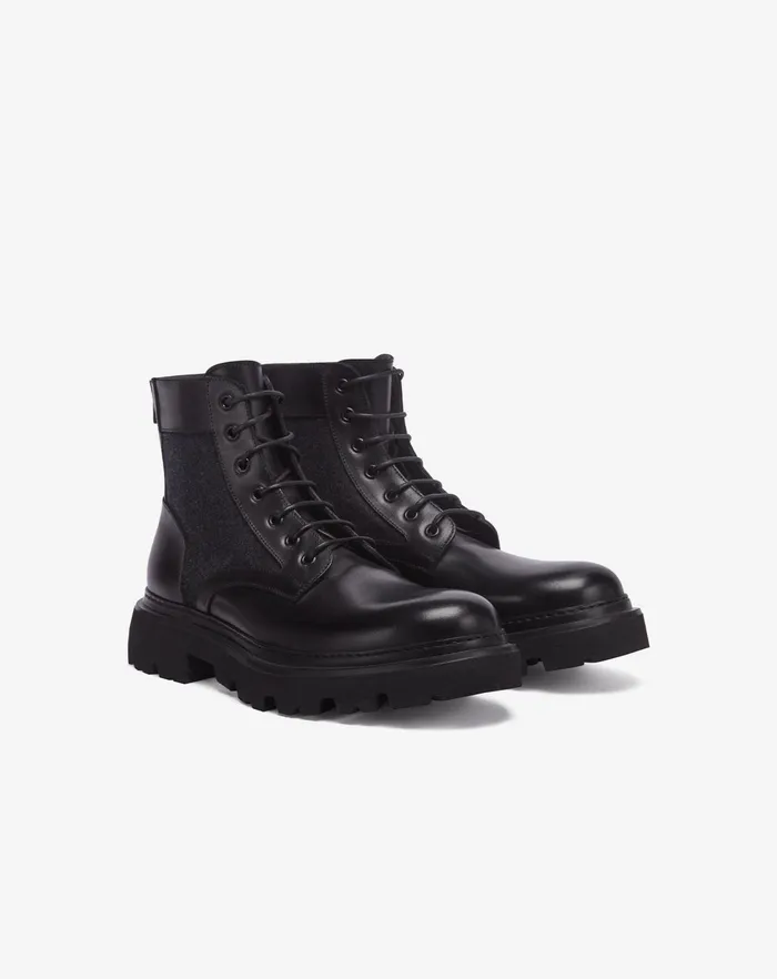 Corneliani Shoes Black Leather And Wool Combat Boots For Men 8211 Men