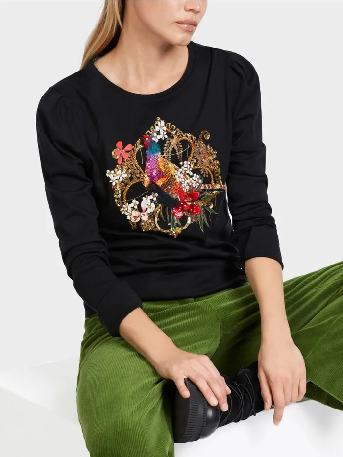 Damen Marc Cain Shirts and Tops Longsleeve Mit Paillettenmotiv Black